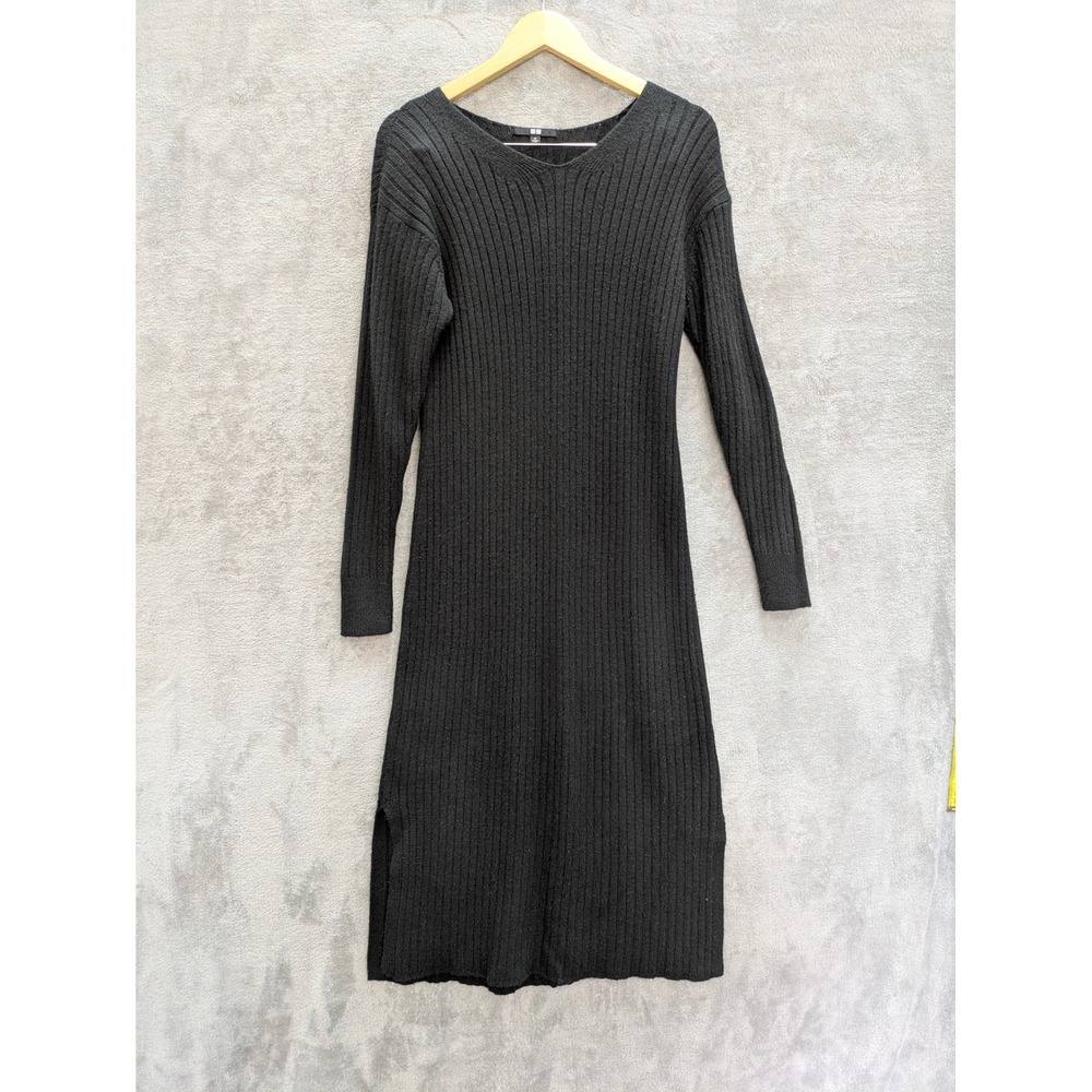 Minimalist Ribbed Knit Sweater Dress Womens Medium Black V-Neck Long Sleeve Midi